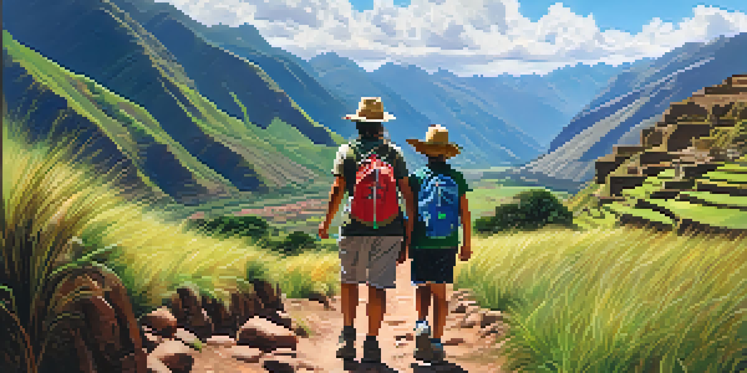 A happy family hiking on a scenic trail with mountains and ancient ruins in the background.