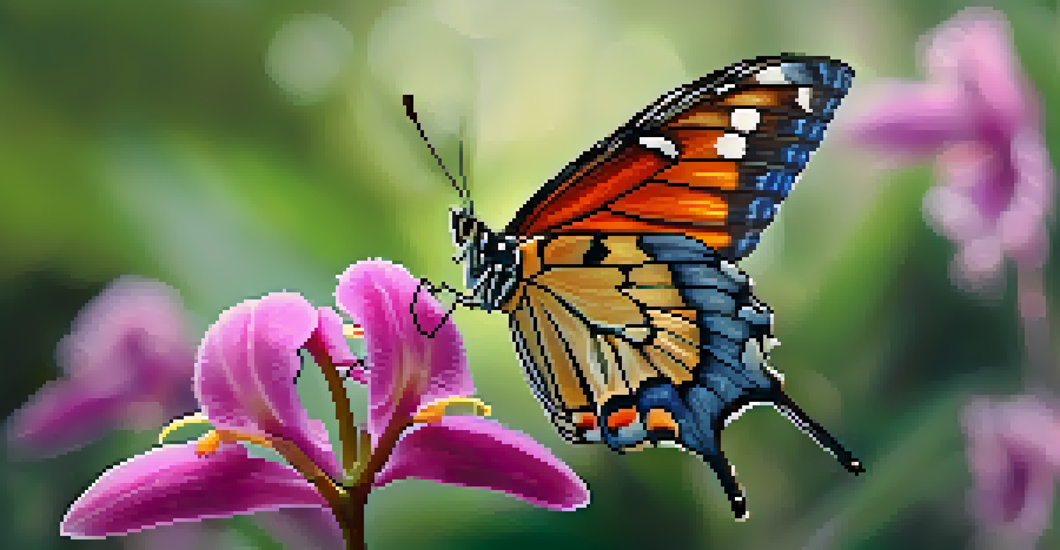 A close-up of a colorful butterfly on an orchid with a blurred green background, highlighting the beauty of nature.