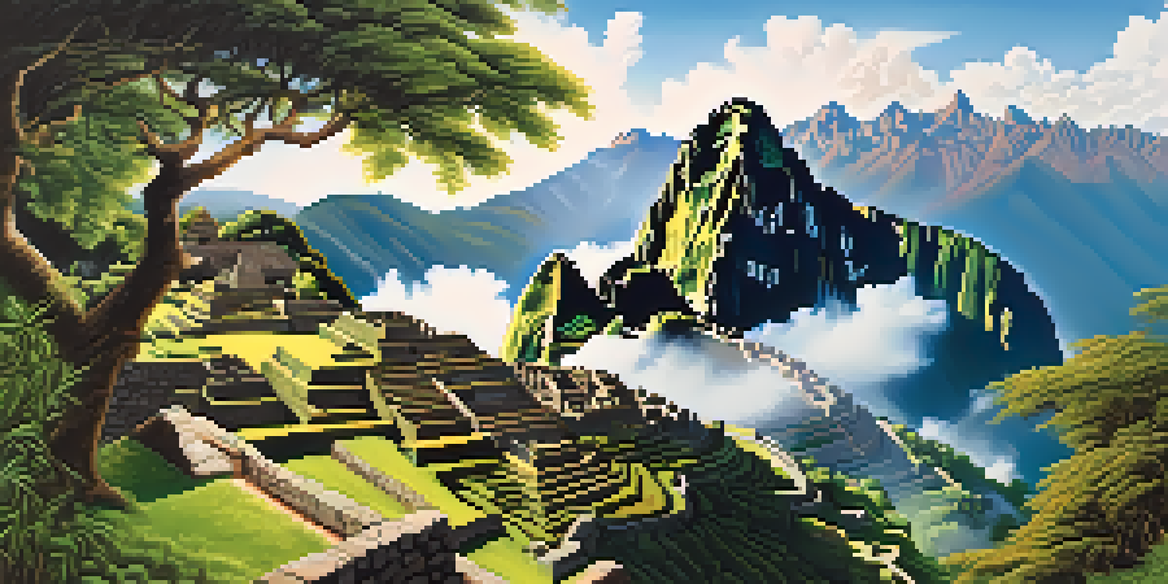 A scenic view of the Inca Trail surrounded by greenery, leading to the ancient ruins of Machu Picchu in the background.