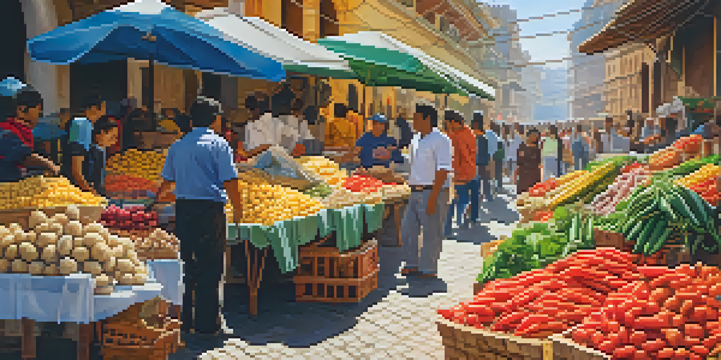 A lively food market in Lima, Peru, filled with colorful stalls, fresh produce, and traditional dishes being served by street vendors.