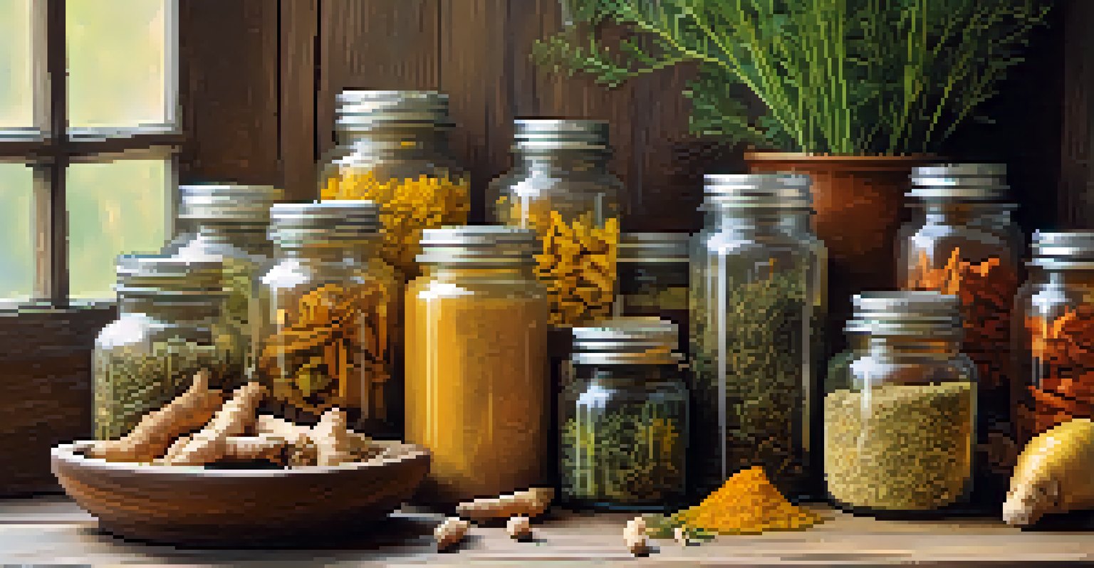 A wooden table displaying various herbal remedies like ginger, turmeric, and ginseng in jars and their natural forms.