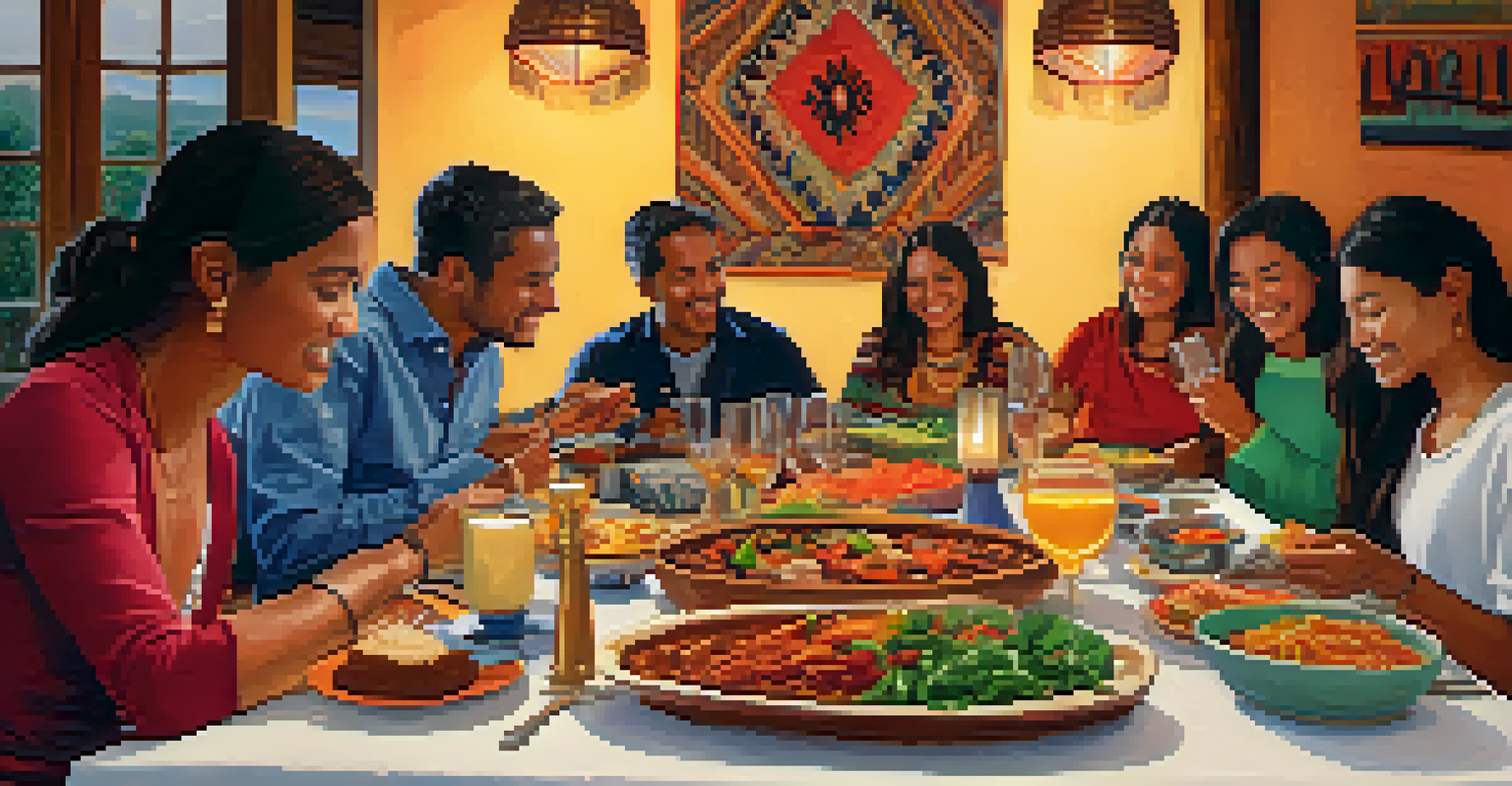 A communal dining experience with people enjoying traditional Peruvian dishes at a beautifully set table.