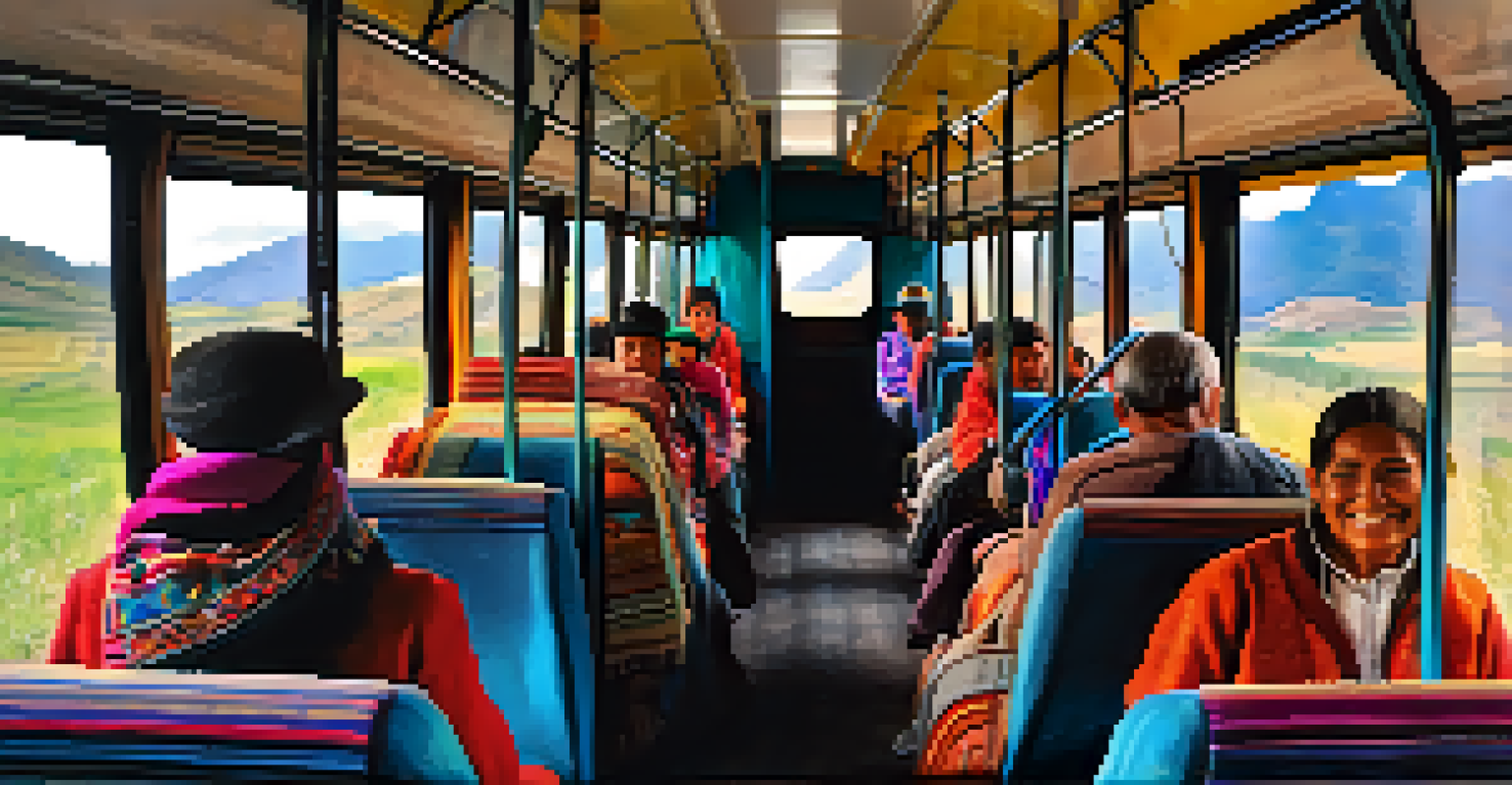 The interior of a local bus in the Sacred Valley, Peru, filled with passengers enjoying their journey, surrounded by colorful decorations and warm sunlight.