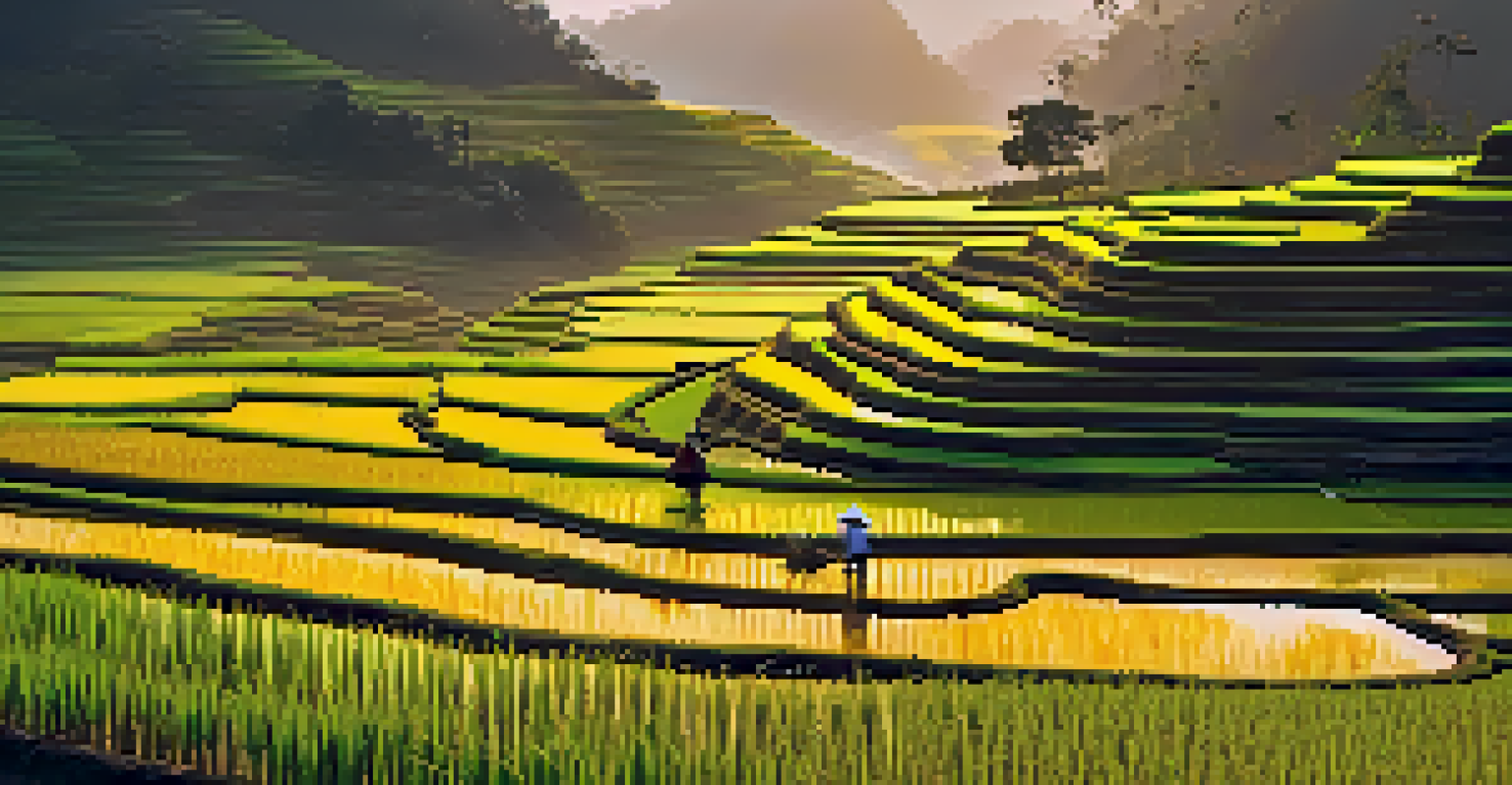 A tranquil Vietnamese rice terrace at sunrise, featuring mist and a farmer working in the fields.