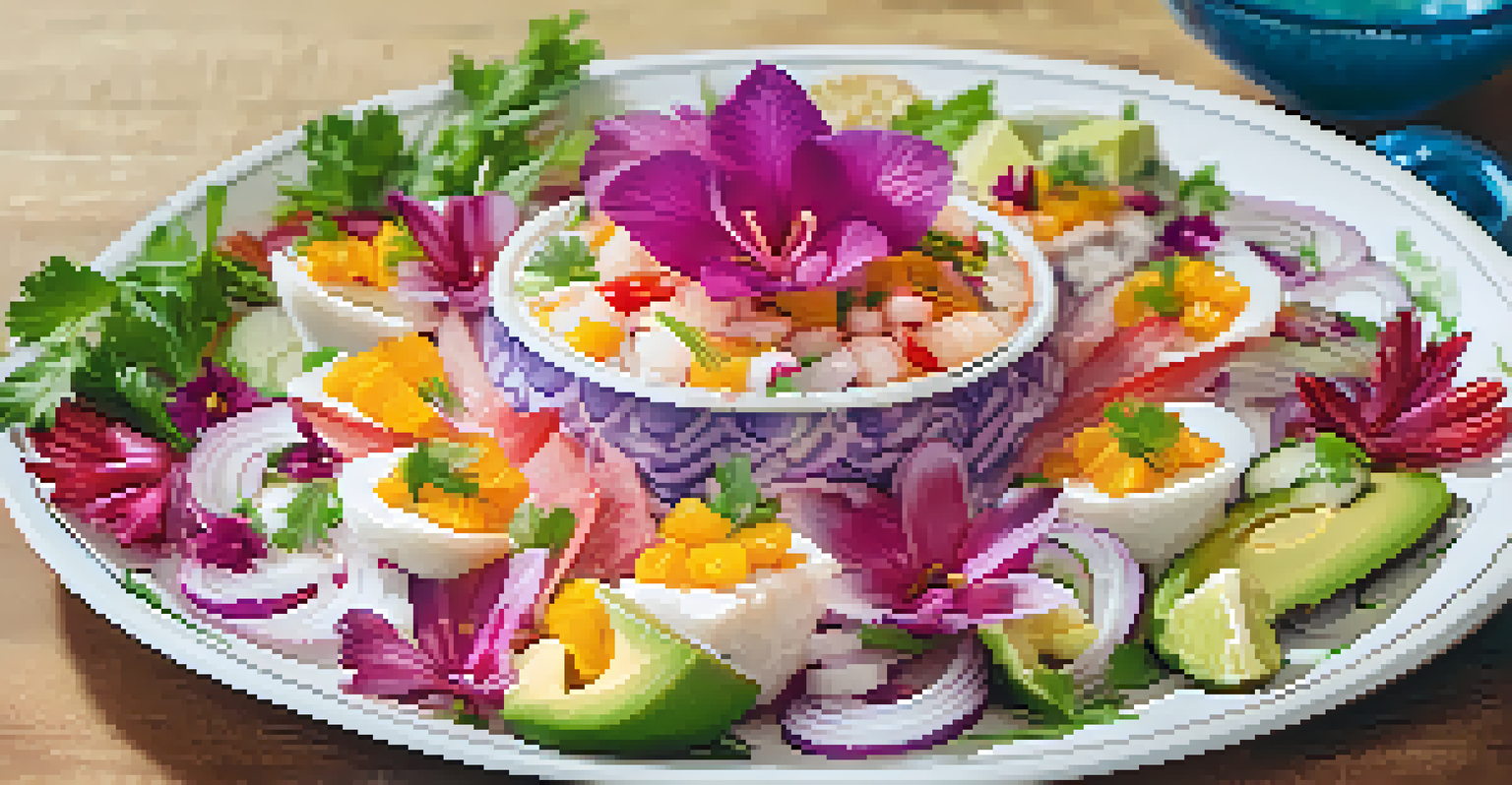 A beautifully plated ceviche, featuring fresh fish, cilantro, red onions, and avocado, adorned with colorful edible flowers.