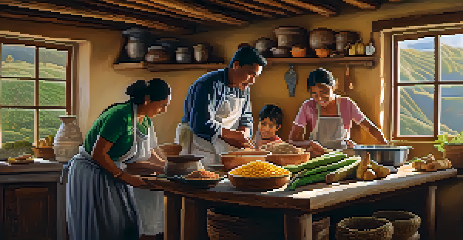 A family gathering in a rustic kitchen preparing pachamanca, with traditional ingredients on the table and warm light streaming through the window.