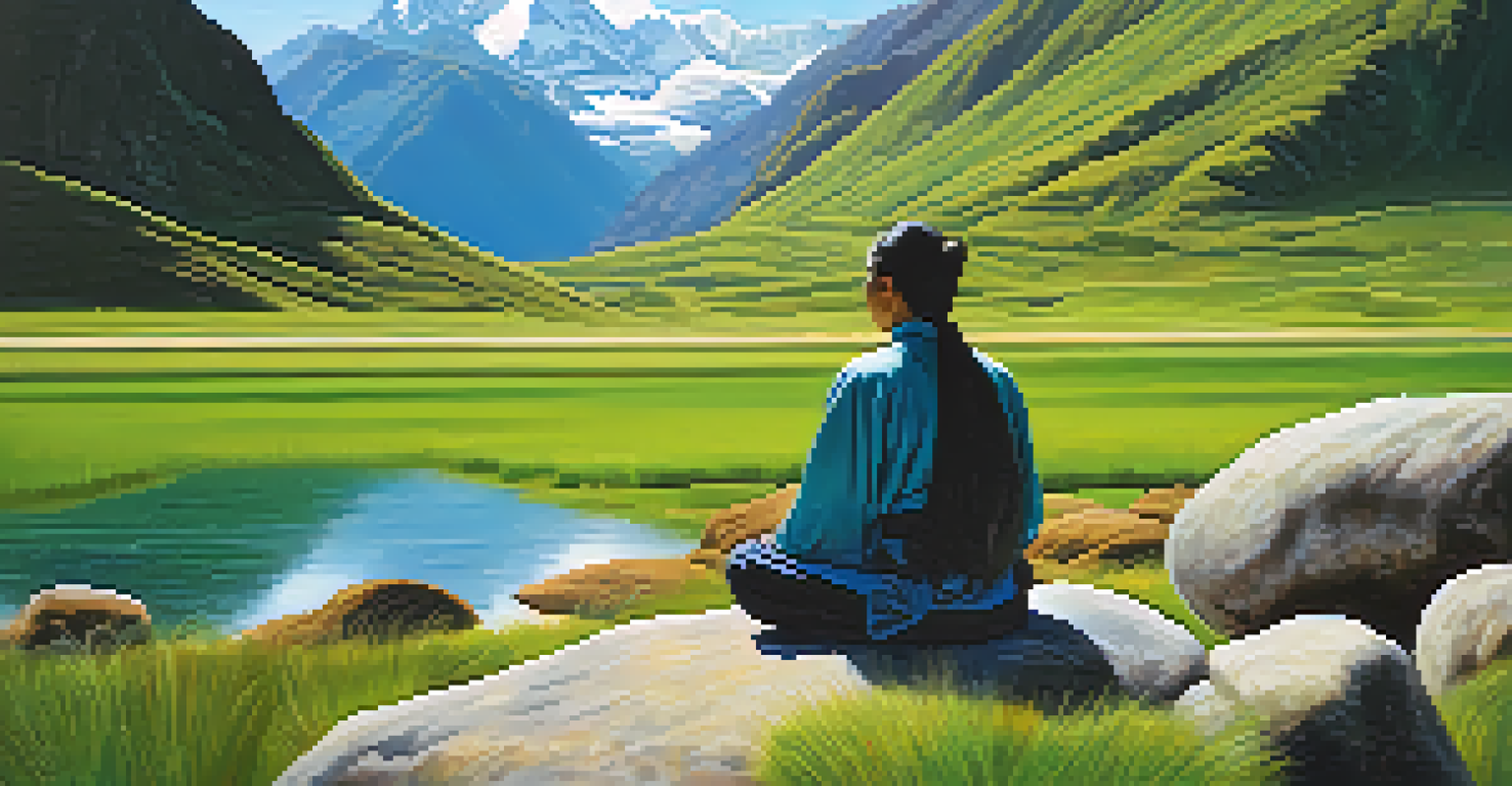An individual meditating on a rock in the Peruvian landscape, surrounded by mountains and greenery, conveying a sense of peace and introspection.
