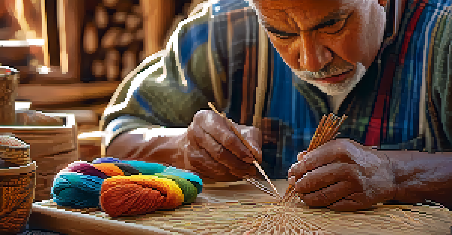 A local artisan in Peru creating handmade crafts from natural materials, showcasing intricate details and a cozy workshop environment.