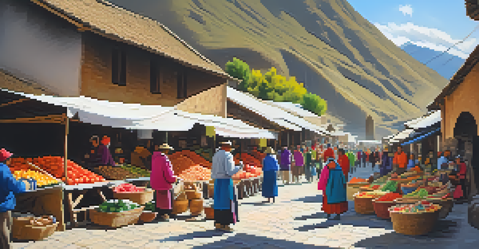 A lively local market in Ollantaytambo with colorful stalls and locals in traditional attire.