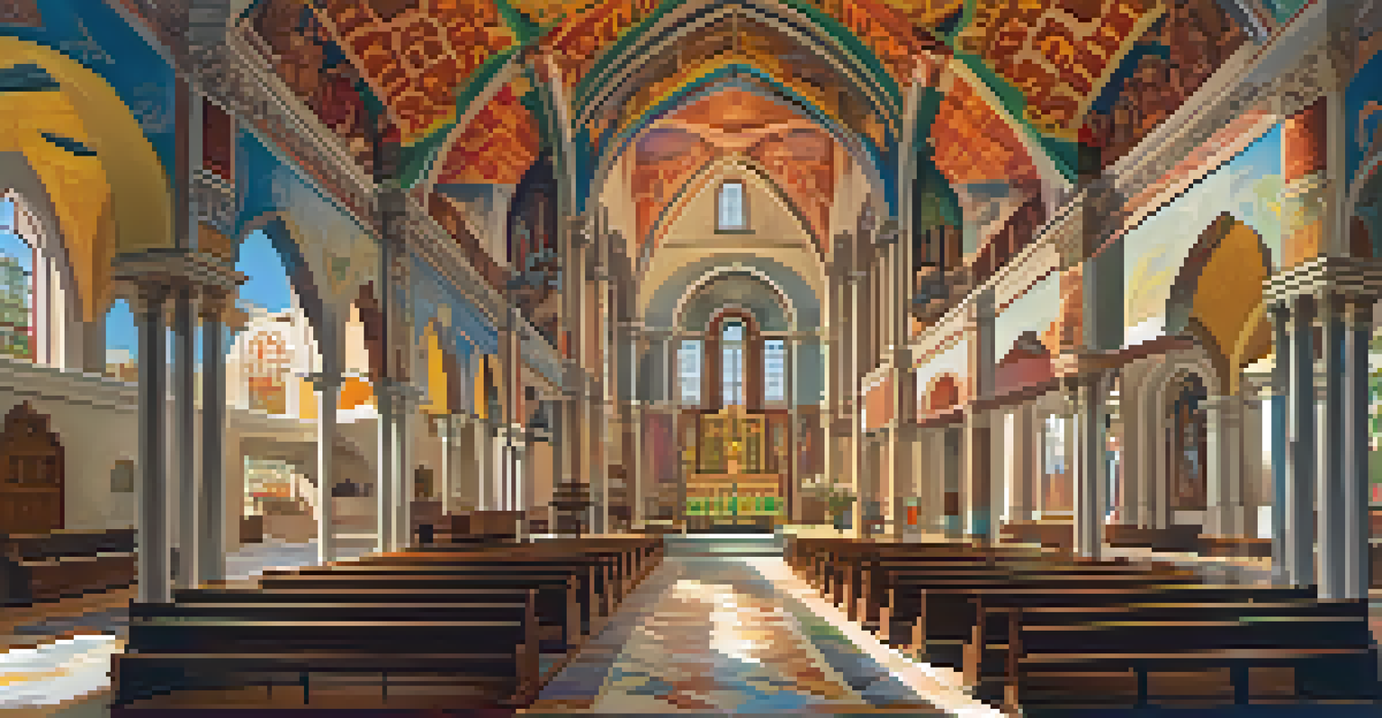 The interior of a Mestizo-style church with a vaulted ceiling, wooden carvings, and colorful stained glass windows.