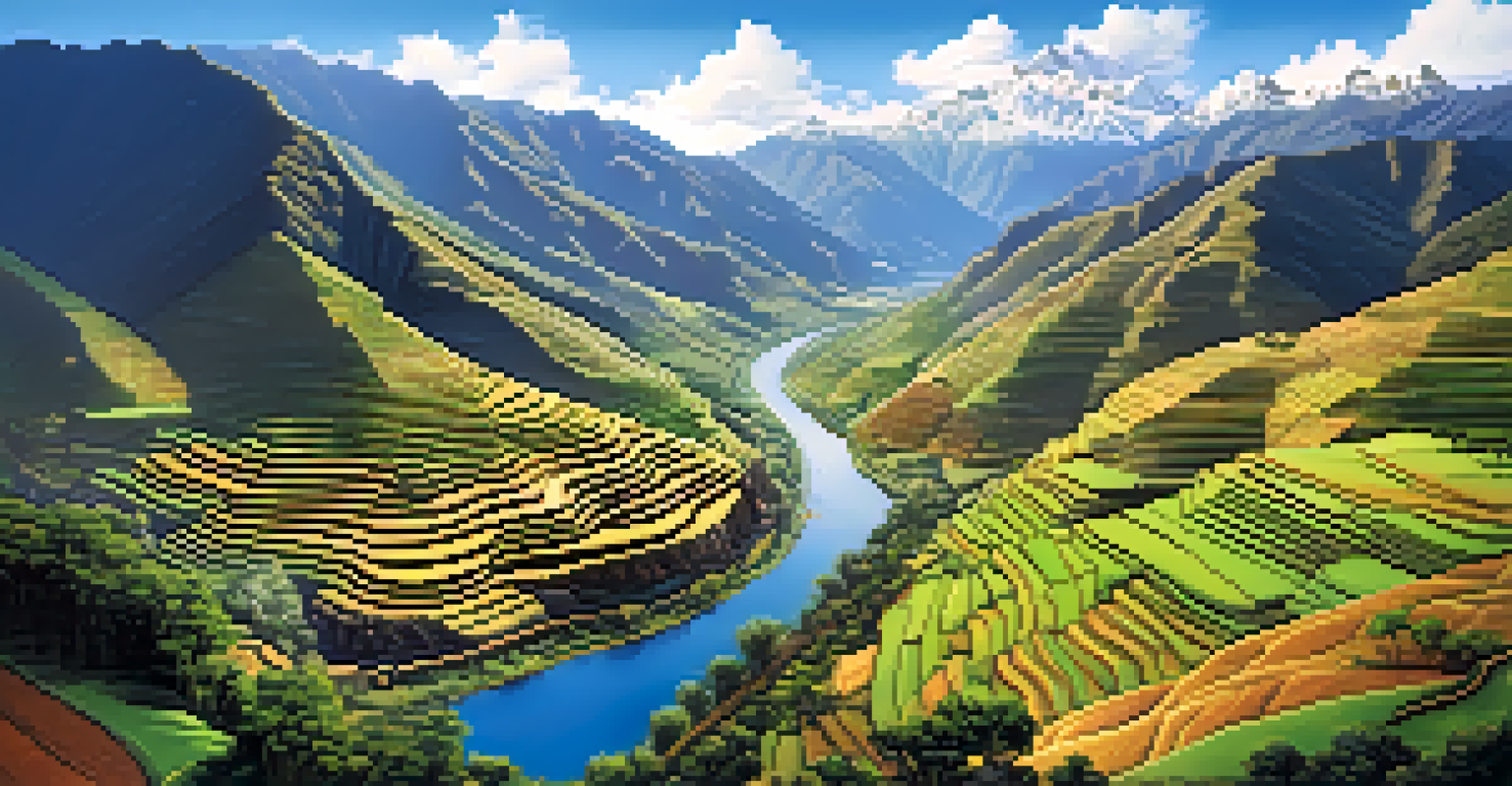 Aerial view of the Sacred Valley in Peru, featuring terraced fields, traditional villages, and a winding river amidst lush mountains.