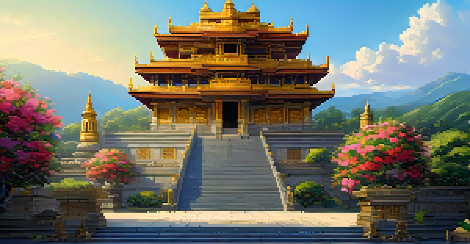 A beautifully carved temple dedicated to the sun god Inti, surrounded by colorful gardens under a blue sky.