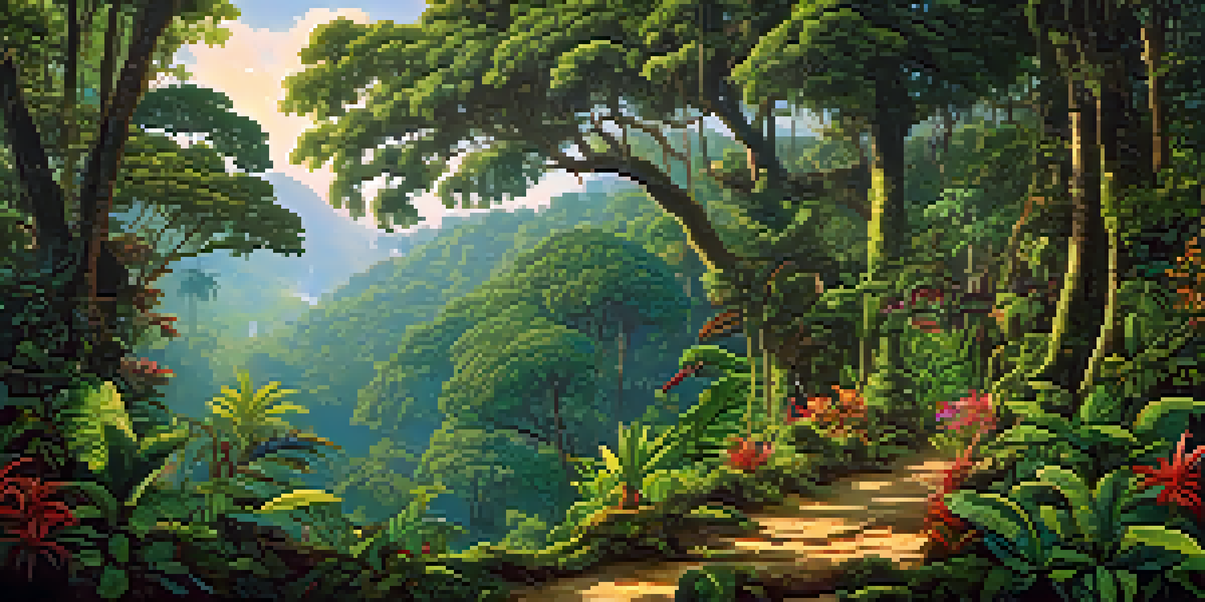 A vibrant scene of the Amazon rainforest with lush green trees, colorful flowers, and wildlife including a toucan and monkeys.