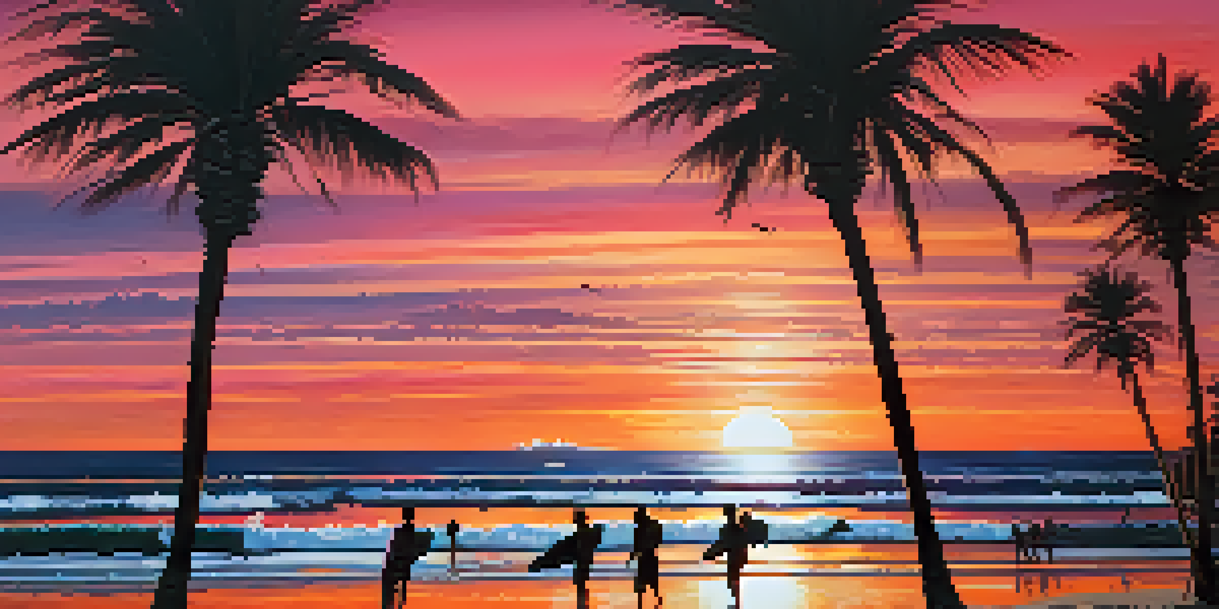 A sunset view over Mancora beach with palm trees and surfers, featuring vibrant colors in the sky.