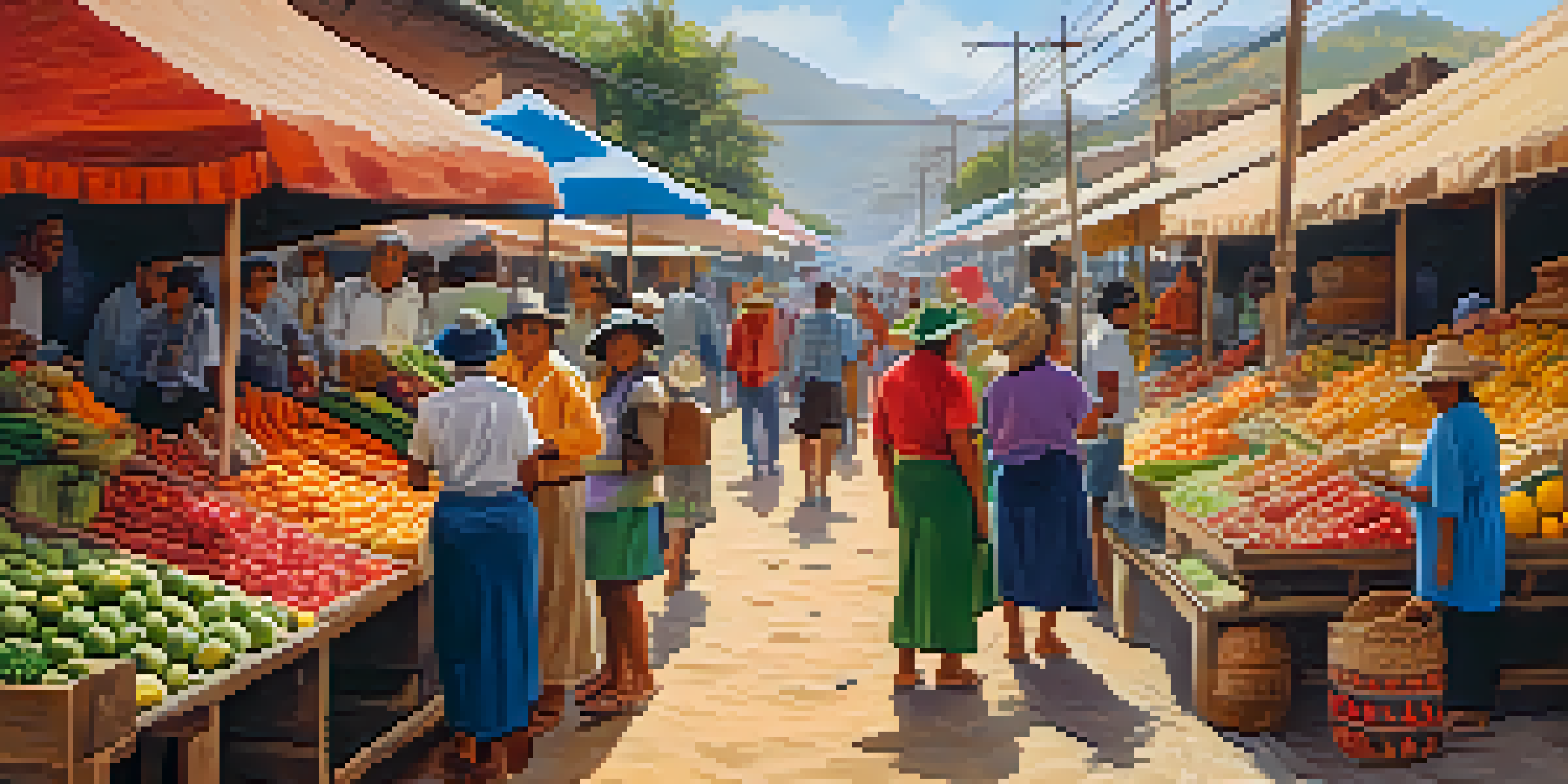 A colorful market scene in Peru with fresh produce, exotic fruits, and friendly vendors, showcasing the vibrant food culture.