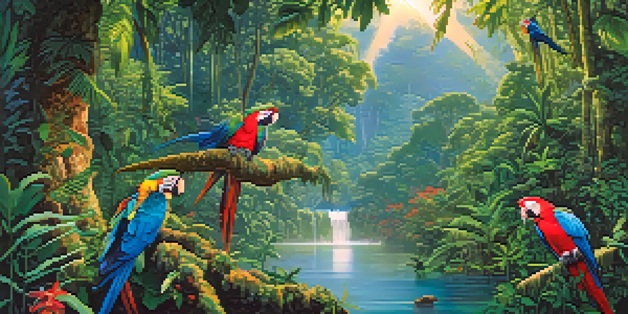 A lush and vibrant Amazon Rainforest with green trees, colorful macaws, and a peaceful river under sunlight.