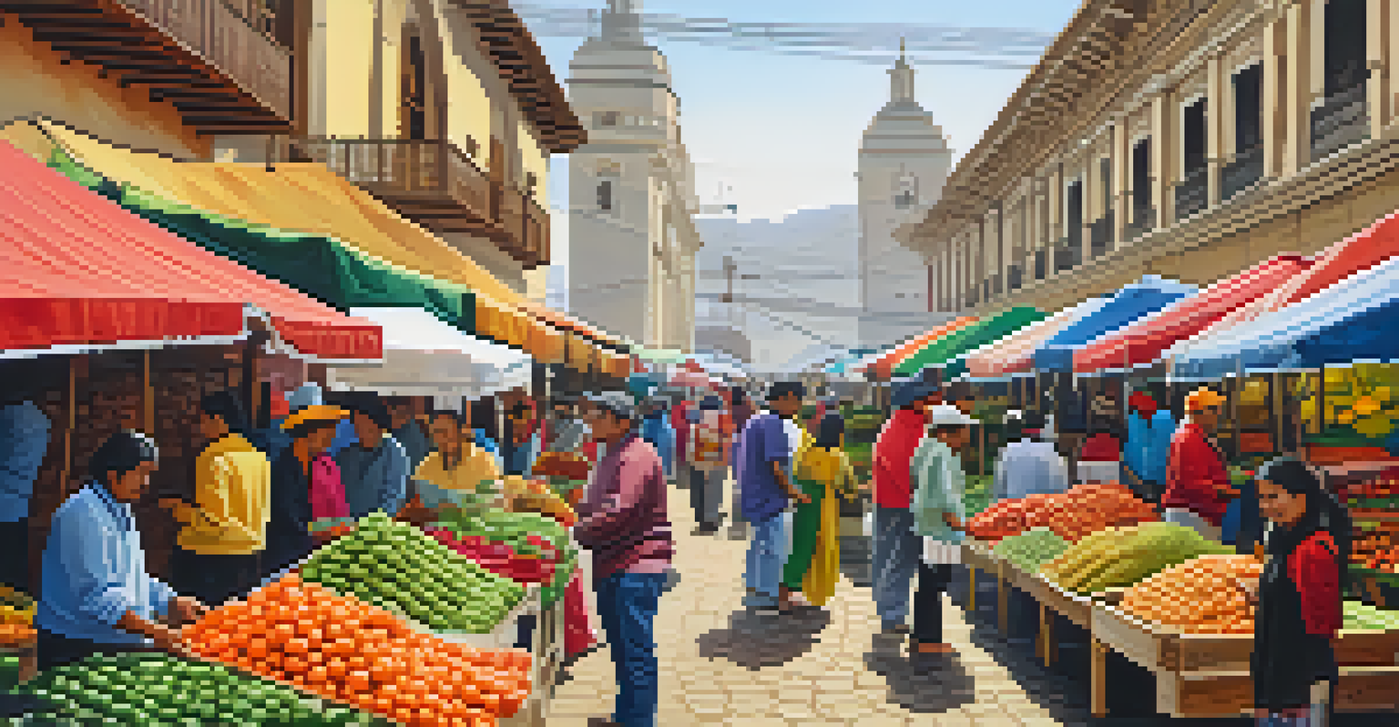 Lima market scene with colorful stalls of fresh produce, local vendors, and historic colonial buildings in the background.