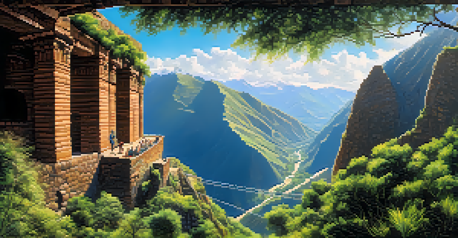 A zip line course in the Sacred Valley of Peru with ancient ruins below and a clear blue sky above, surrounded by lush greenery.