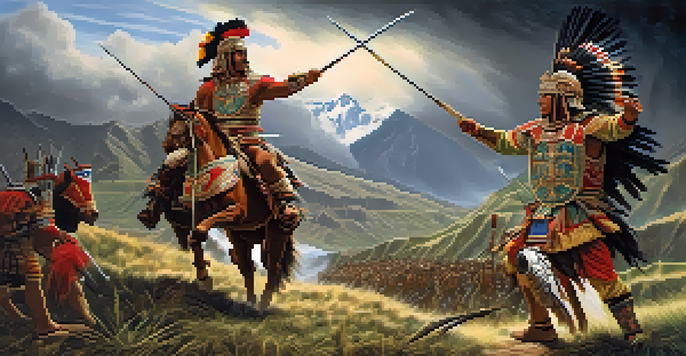 Two Inca warriors, Huascar and Atahualpa, battling on a mountainous landscape with dark clouds and sunlight, representing civil war.