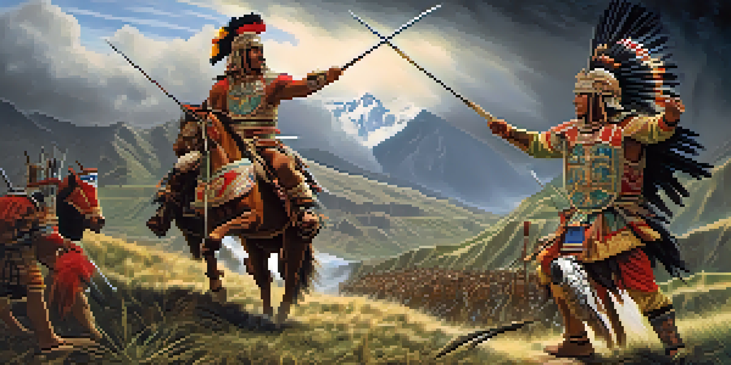 Two Inca warriors, Huascar and Atahualpa, battling on a mountainous landscape with dark clouds and sunlight, representing civil war.