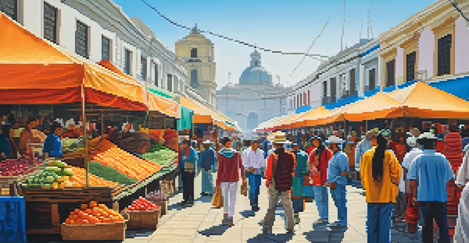 A lively street market in Lima, Peru, with colorful stalls and colonial buildings in the background.