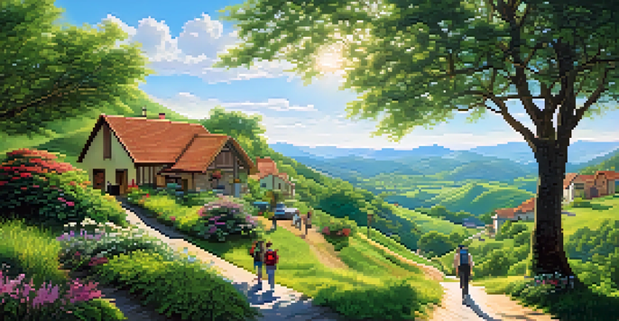 A picturesque town surrounded by green hills, with tourists hiking and birdwatching in a sunny landscape.