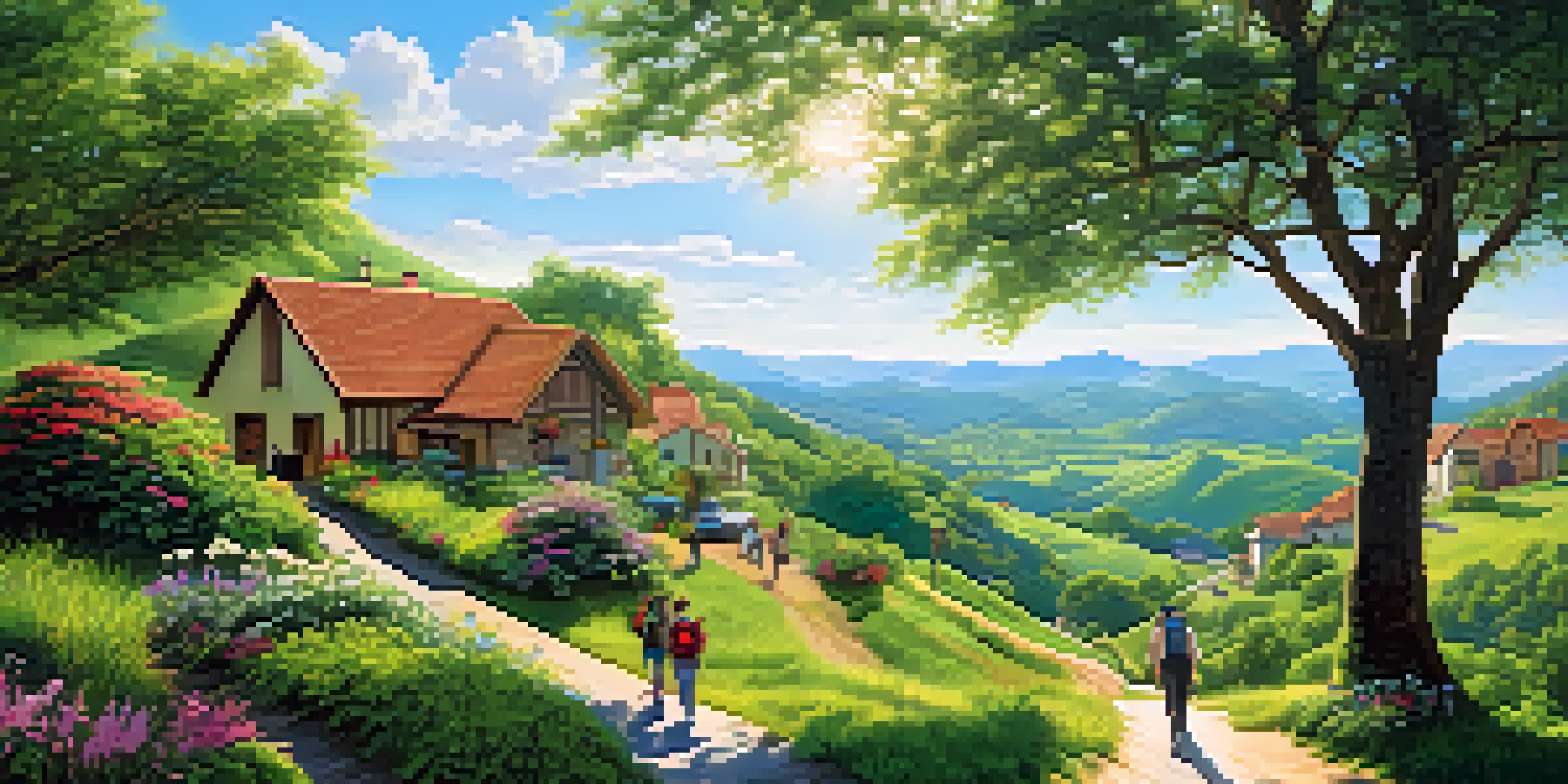 A picturesque town surrounded by green hills, with tourists hiking and birdwatching in a sunny landscape.