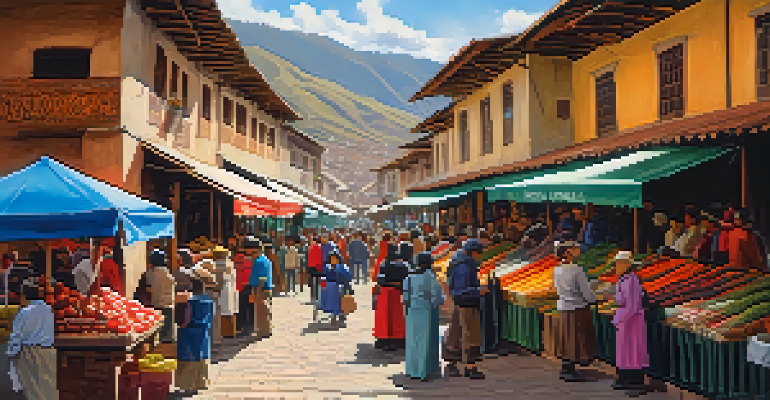 A lively market in Cusco with colorful stalls, locals in traditional attire, and sunlight creating a warm atmosphere.