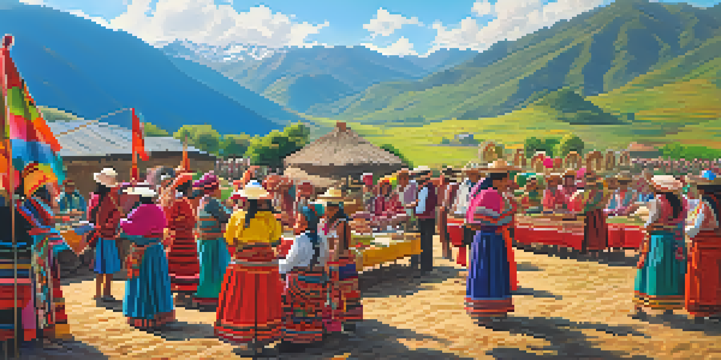 A lively outdoor festival in a Peruvian village with indigenous people in colorful attire celebrating with traditional food.