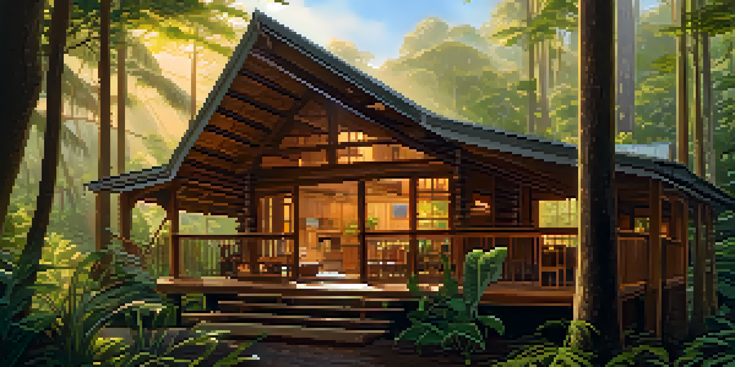 A scenic view of a wooden eco-lodge in a vibrant rainforest with sunlight streaming through the trees.