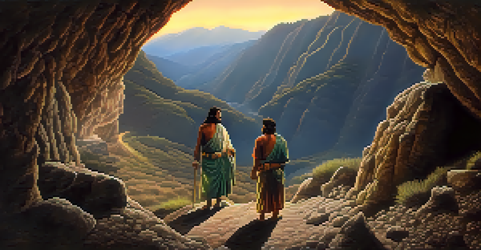 The Ayar Brothers emerging from a cave, showcasing their unique attributes against a backdrop of ancient mountains.