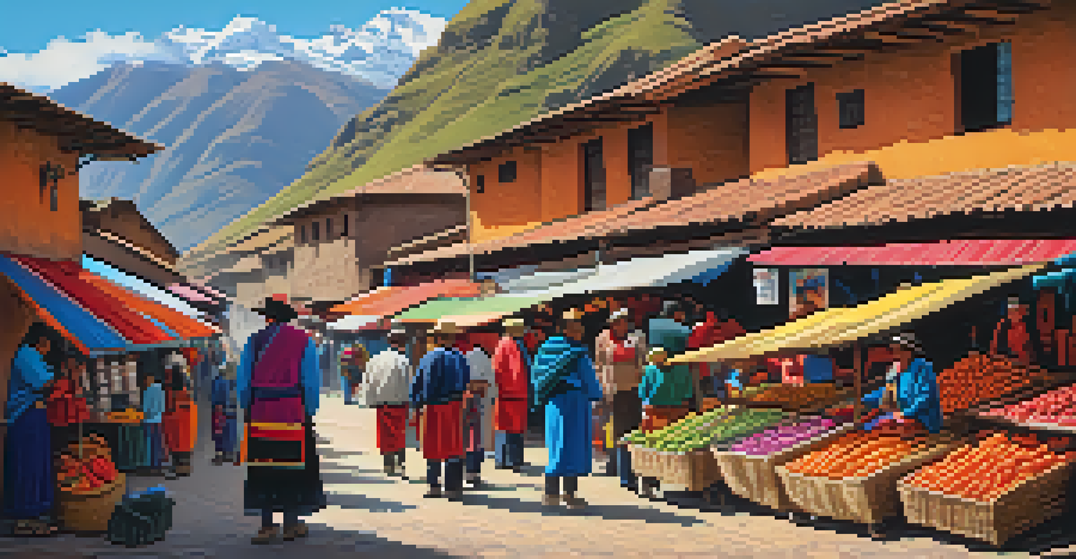 A lively market scene in Pisac, Sacred Valley, filled with colorful handcrafted goods and local artisans.