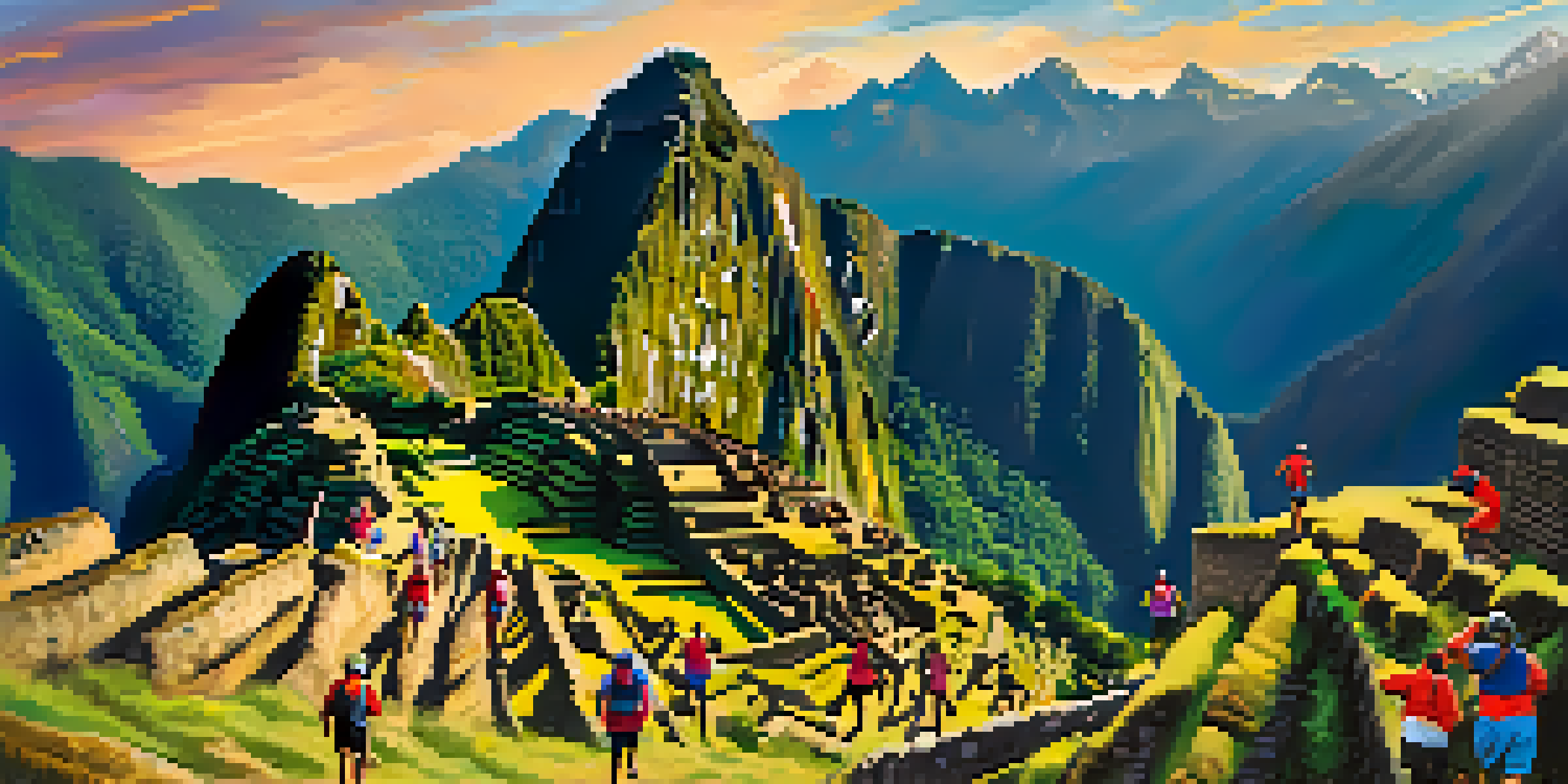 Runners participating in the Inca Trail Marathon with Machu Picchu in the background and lush green mountains surrounding them.