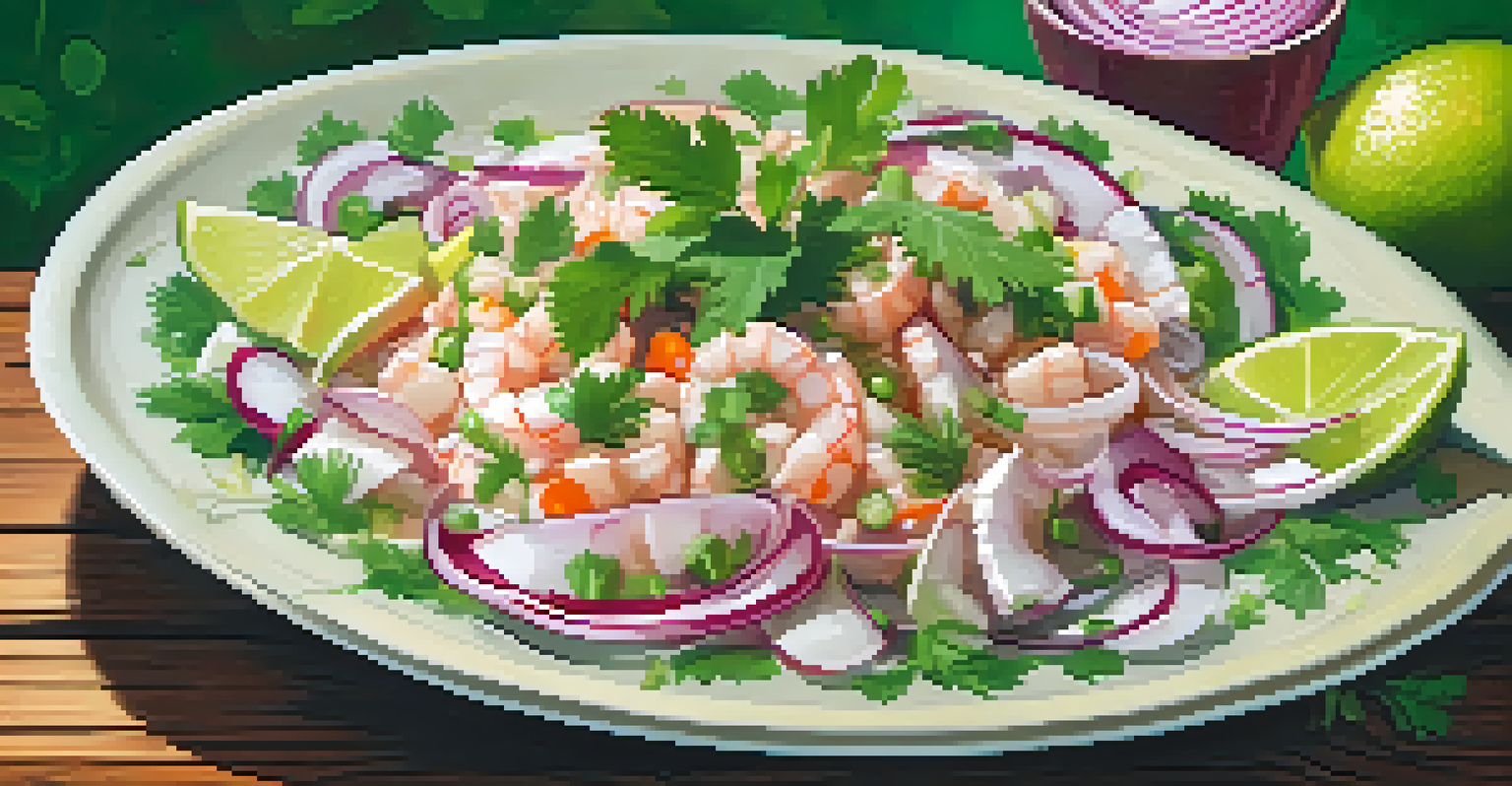 A plate of ceviche made with fresh fish, garnished with onions and lime on a rustic wooden table.