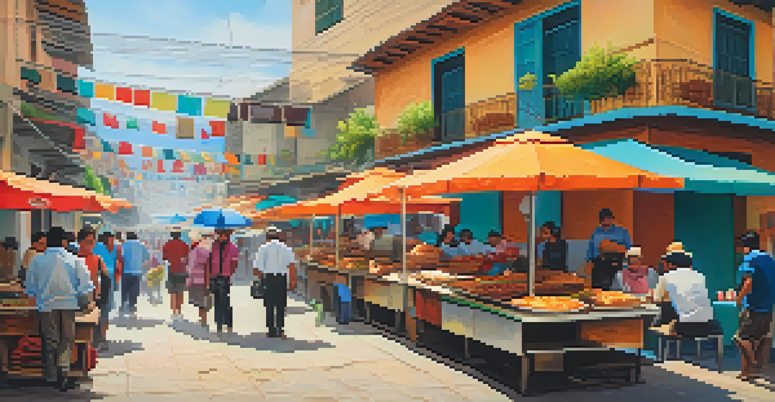 A lively street food market in Peru showcasing vendors selling anticuchos and empanadas with colorful stalls and locals enjoying the food.