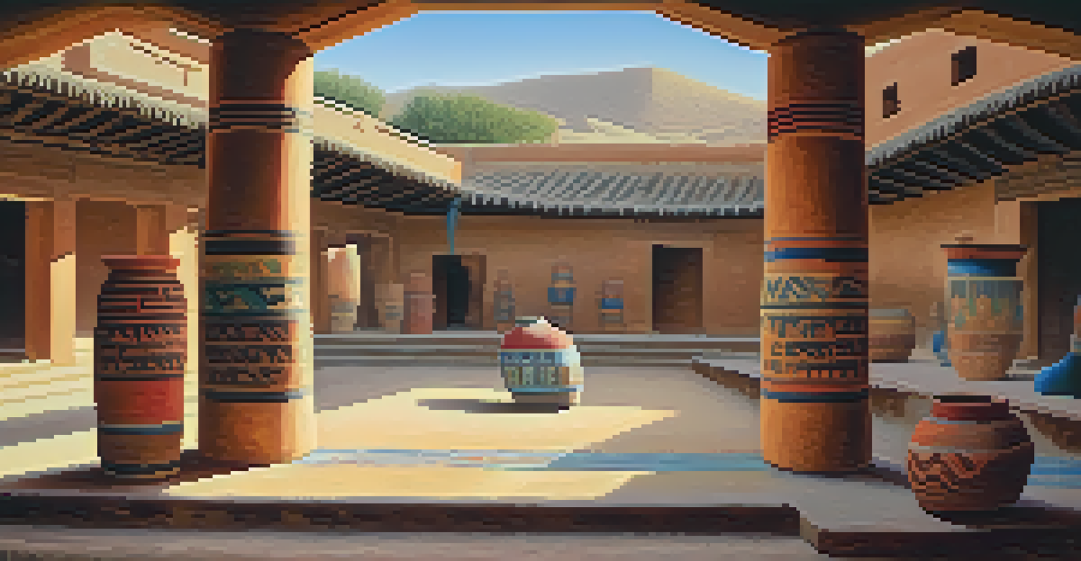 An interior view of a ceremonial space in Chan Chan, featuring sunlight streaming through adobe walls, with traditional textiles and pottery inspired by Chimú designs on display, highlighting vibrant colors.