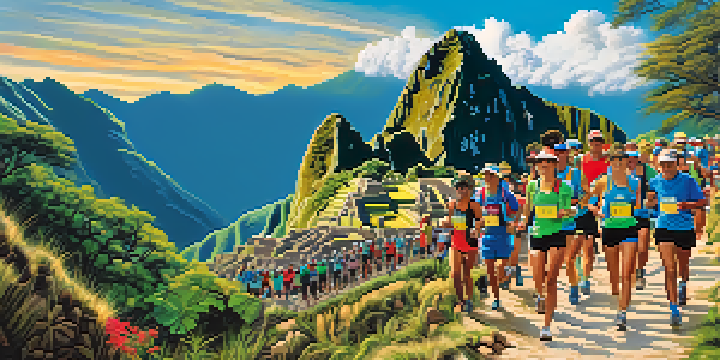 Runners participating in the Inca Trail Marathon amidst lush mountains and ancient ruins, under a clear blue sky.