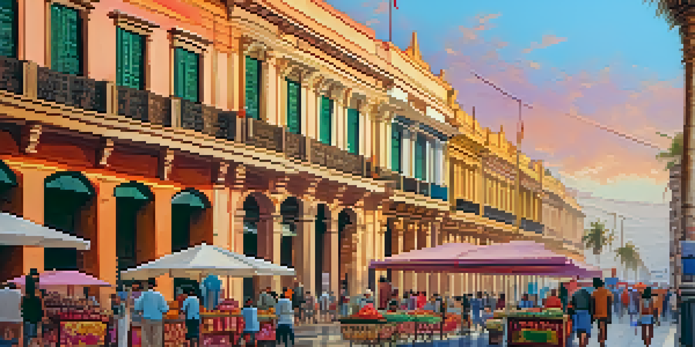 A bustling street in Lima, Peru with colonial buildings, street vendors, and a sunset sky in warm colors.