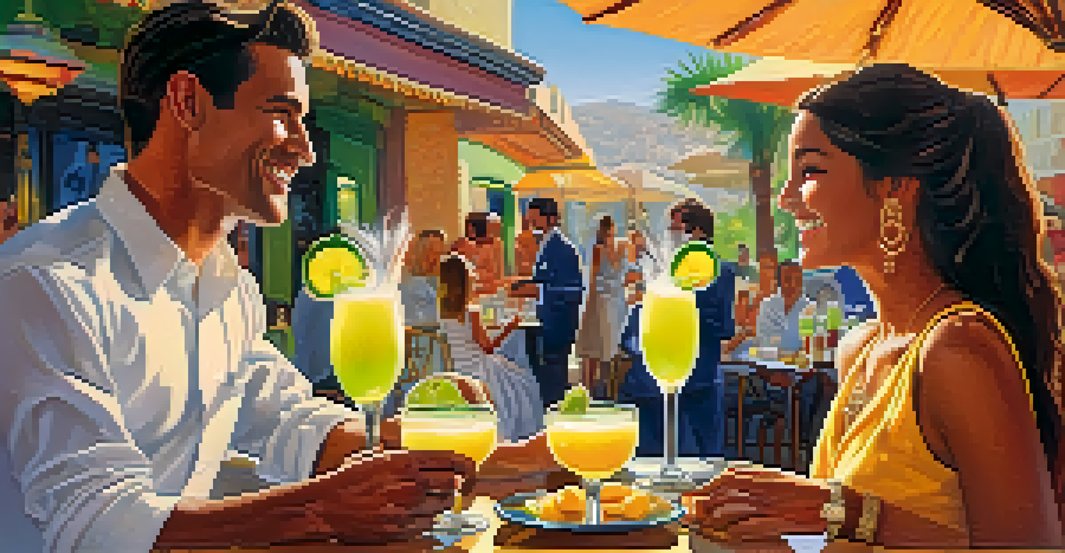 A close-up of a waiter serving pisco sour to a couple at a table, with lively restaurant decor in the background.