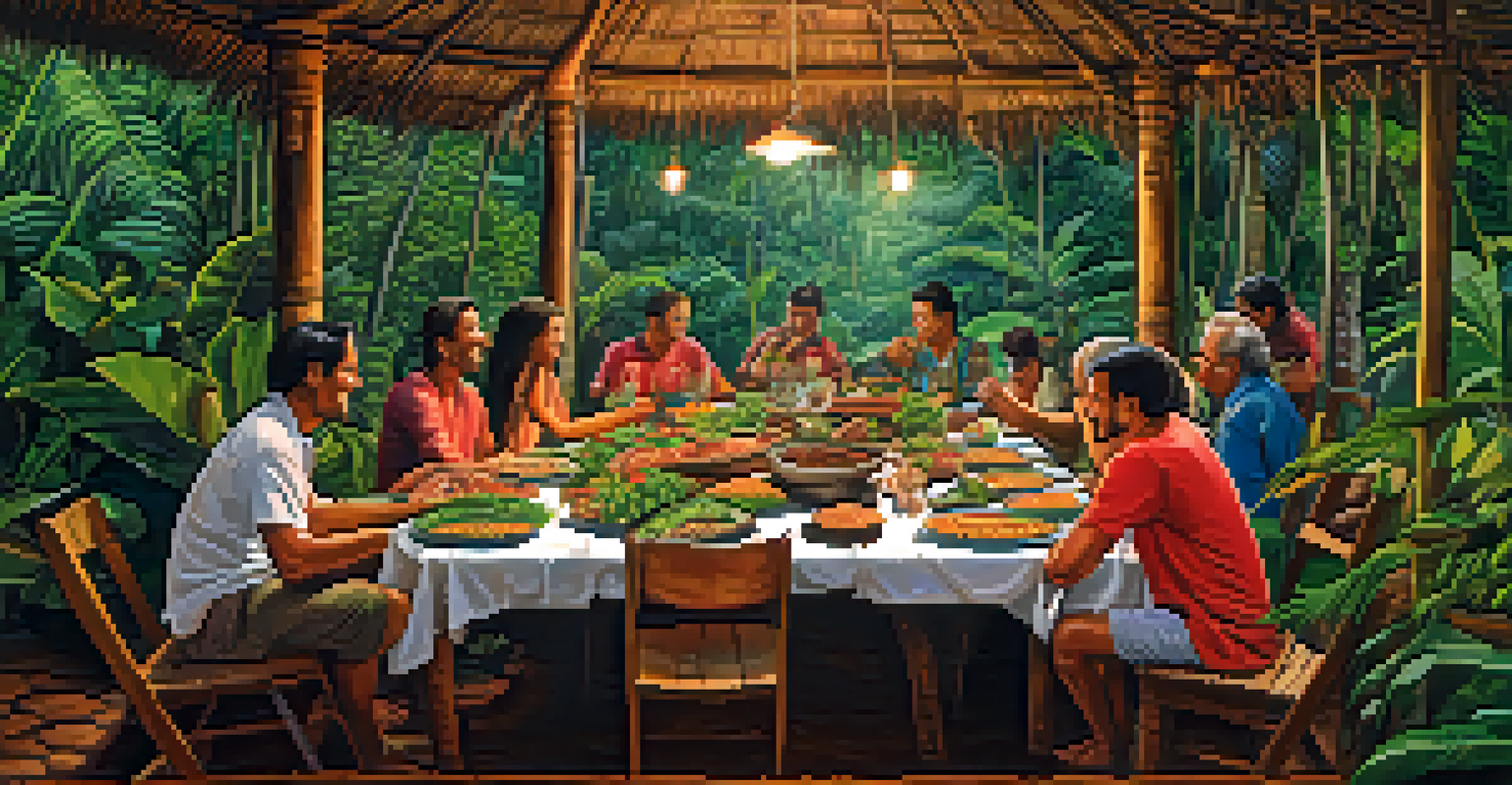 A communal table with traditional Amazonian dishes during the Feast of San Juan, surrounded by lush greenery and locals sharing stories.