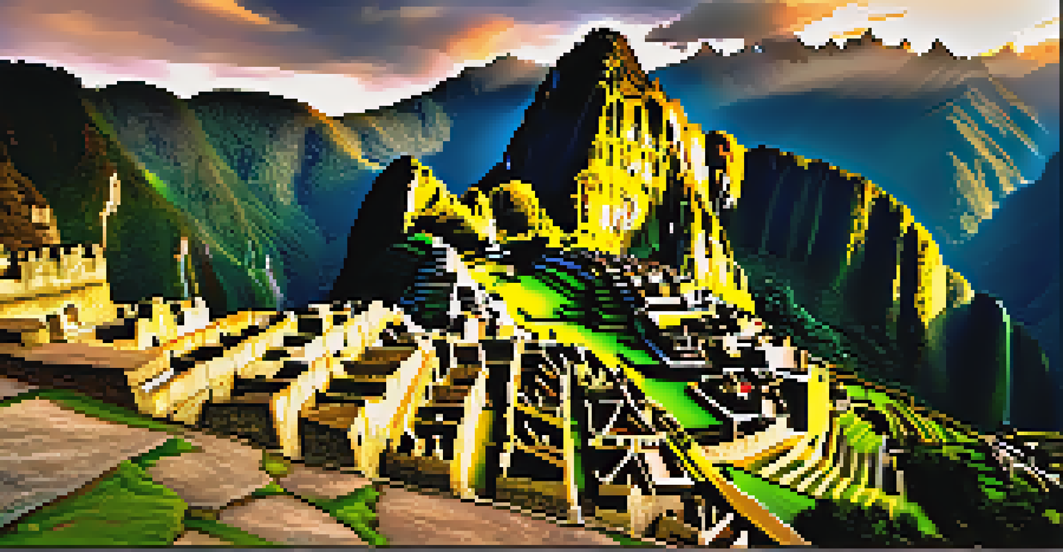 A breathtaking view of Machu Picchu at sunrise, with ancient stone ruins and surrounding mountains illuminated by the morning light.