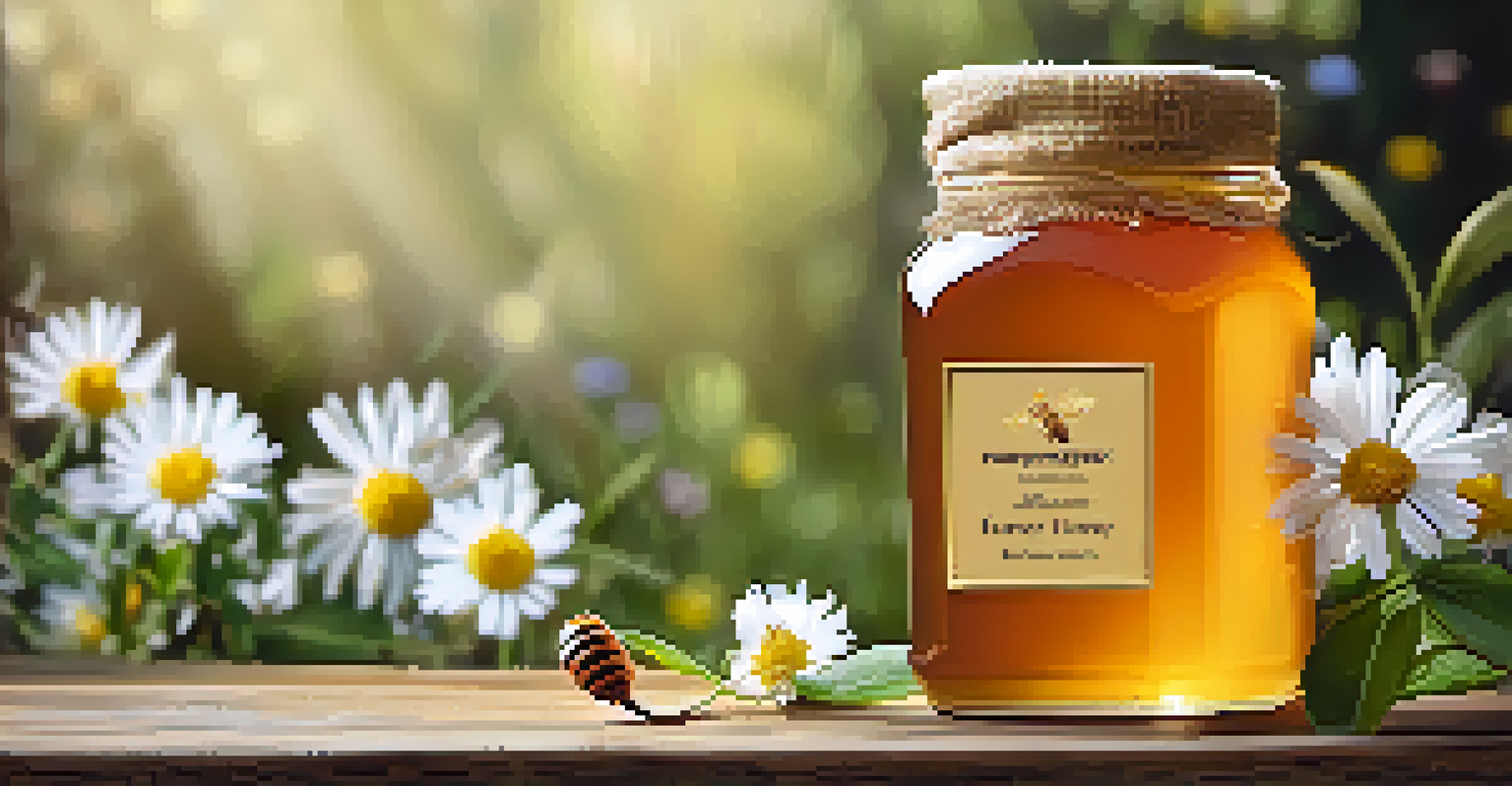 A close-up of a jar of golden Peruvian honey on a rustic wooden table, with a burlap cover and a honey dipper beside it, surrounded by blurred wildflowers.