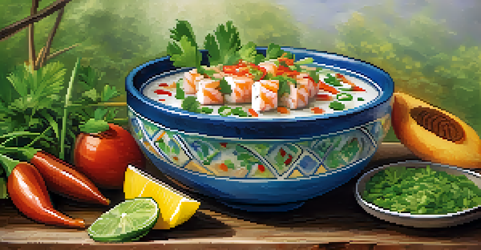A beautifully presented ceviche dish with fresh fish, garnished with cilantro and ají pepper, on a rustic wooden table.