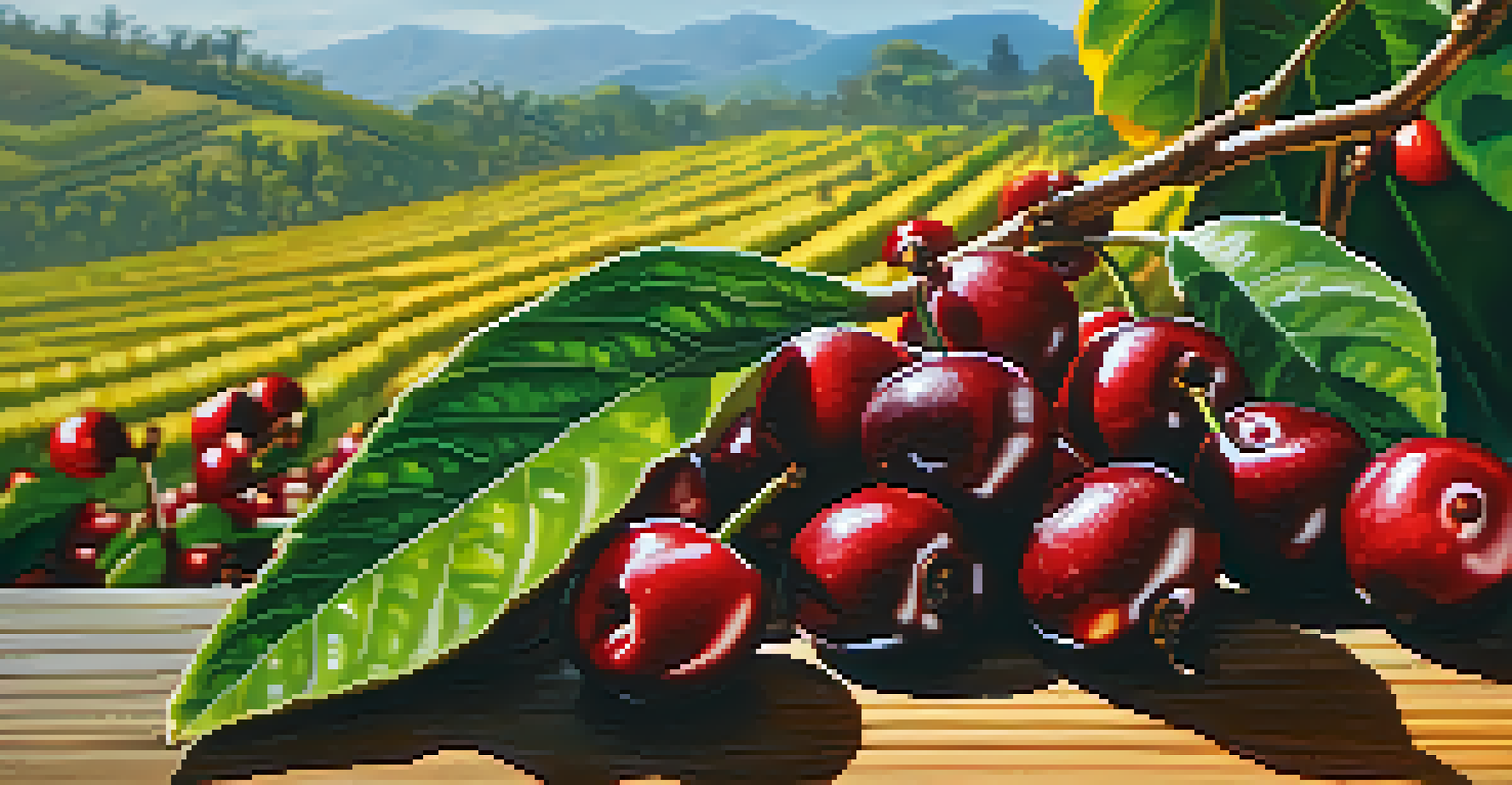 A close-up of shiny, freshly harvested coffee cherries on a wooden table with blurred coffee plants and mountains in the background.