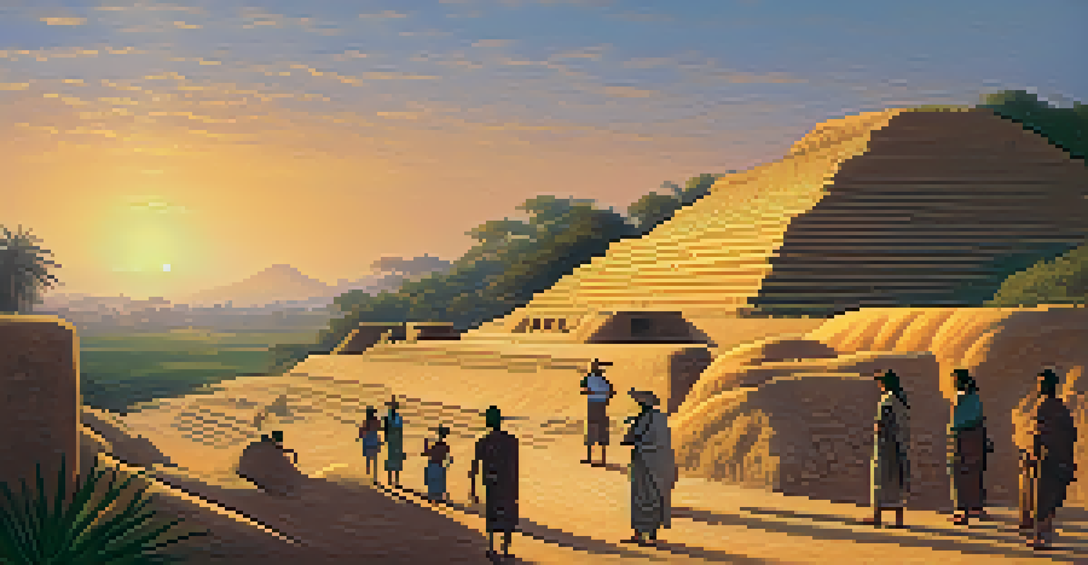 Visitors on a guided tour at the Sipán archaeological site, surrounded by ancient tombs and the scenic Lambayeque landscape at sunset.