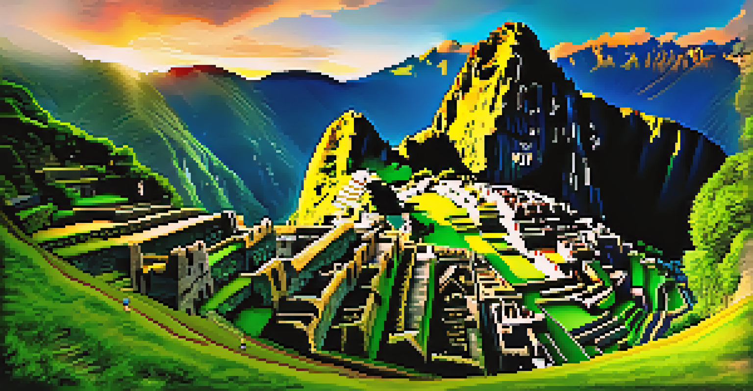 Machu Picchu at golden hour with ruins and mountains, hikers exploring the site.