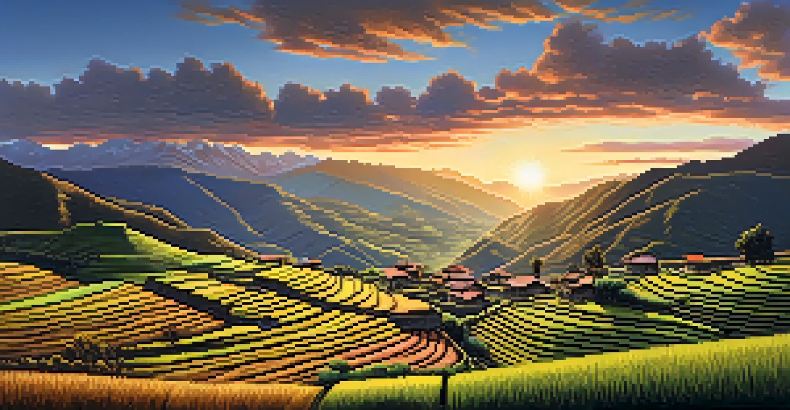 Scenic view of the Andean highlands with terraced fields, traditional houses, and mountains during sunset, featuring a farmer in the foreground.