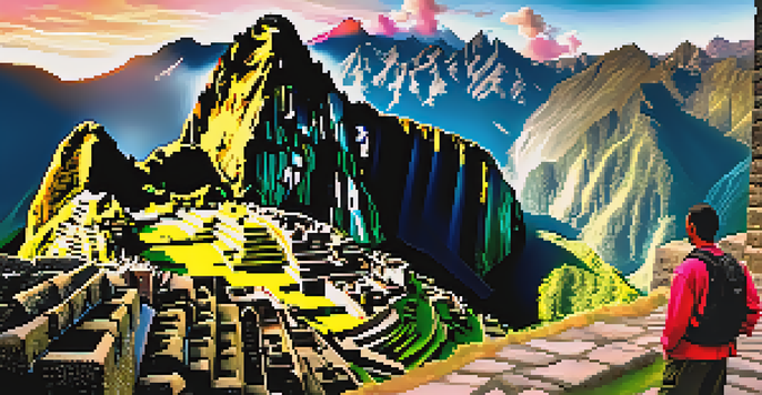 A hiker admiring the sunrise over the ancient ruins of Machu Picchu, surrounded by green mountains and a colorful sky.