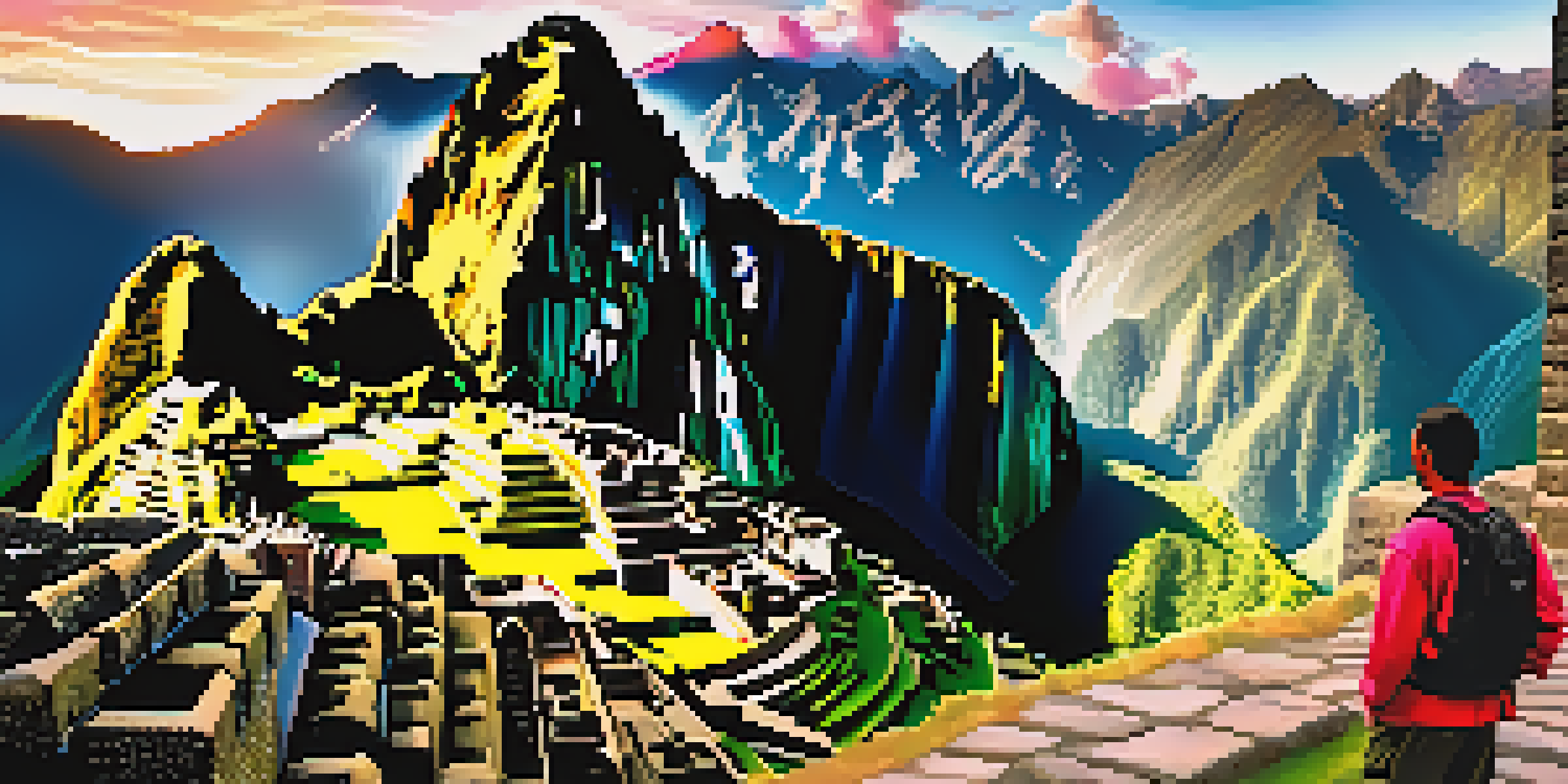 A hiker admiring the sunrise over the ancient ruins of Machu Picchu, surrounded by green mountains and a colorful sky.