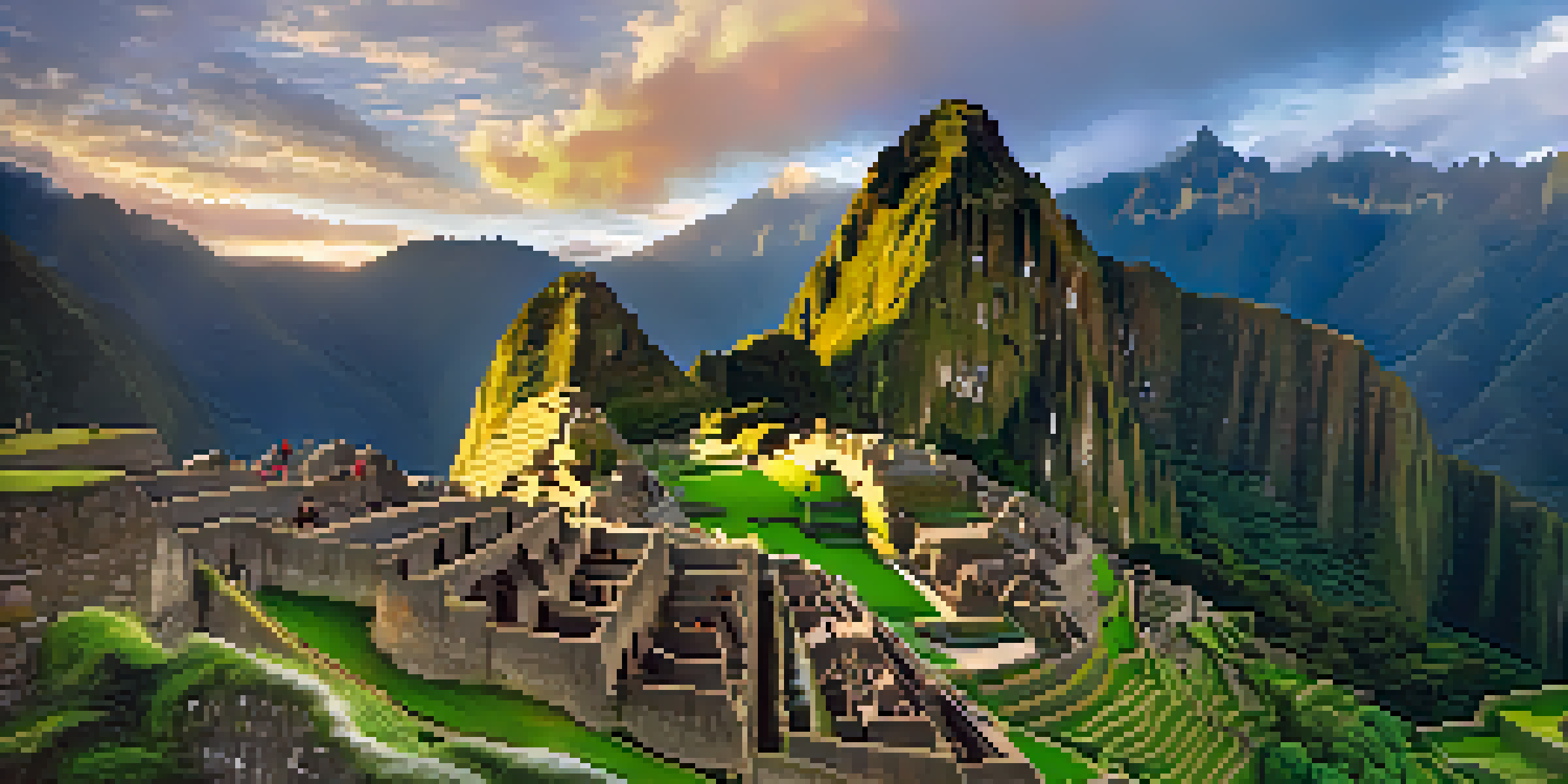 A breathtaking sunrise view of Machu Picchu with ancient ruins and Huayna Picchu mountain in the background, surrounded by lush greenery and soft clouds.
